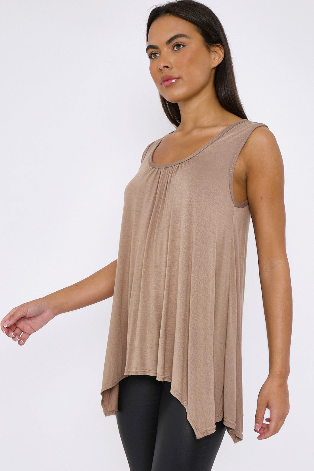 Mocha sleeveless tunic top with gathered neckline and uneven side hem