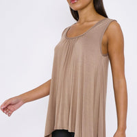 Mocha sleeveless tunic top with gathered neckline and uneven side hem