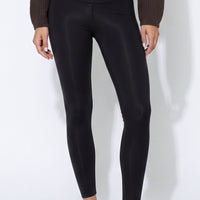 Black high-rise leggings with wide waistband, full-length slim fit.