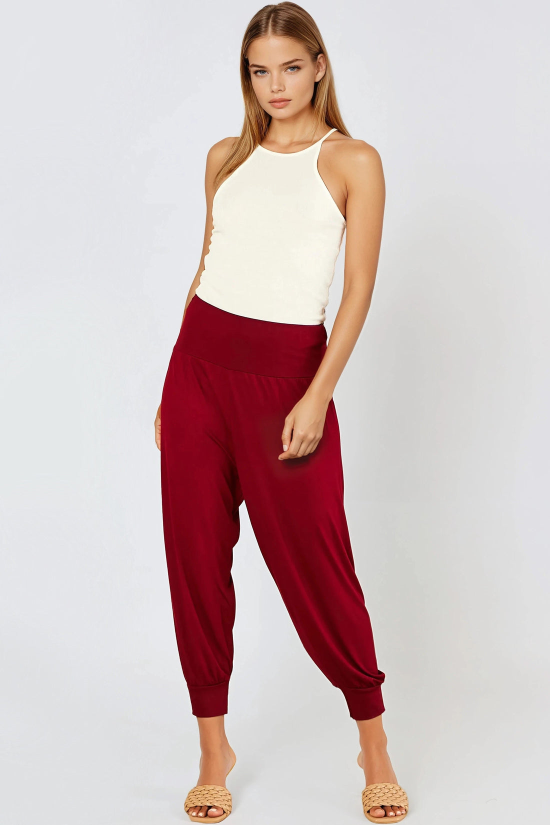 Wine harem trousers with elastic waist and cuffed ankle hems