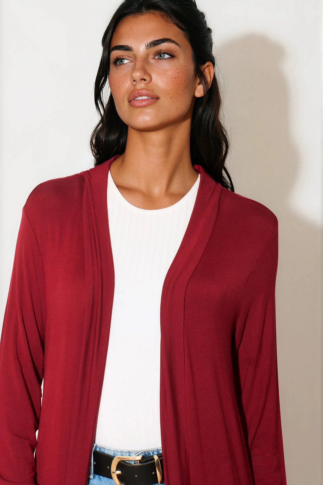Longline wine jersey cardigan with open front, long draped sleeves
