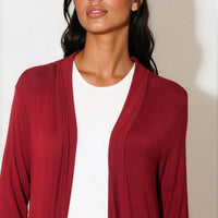Longline wine jersey cardigan with open front, long draped sleeves