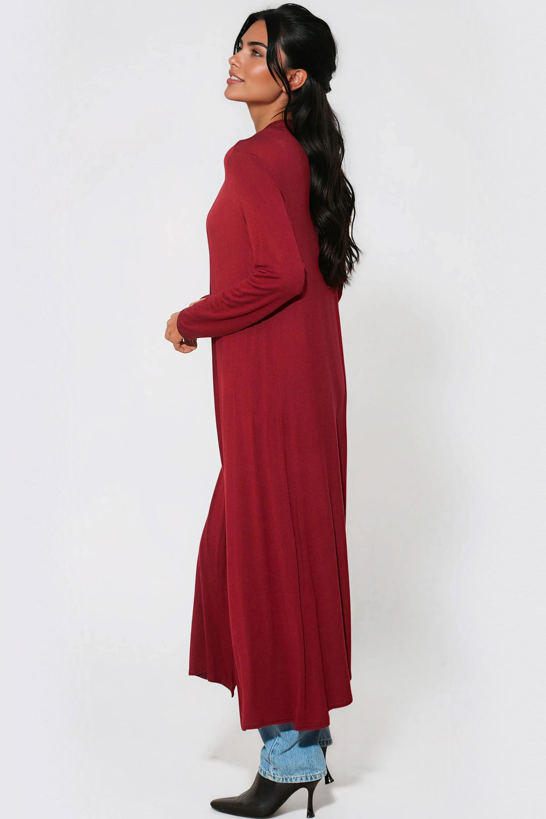 Wine longline jersey cardigan, side view with open front and long sleeves