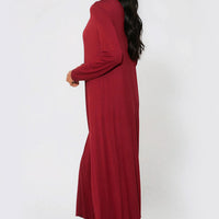 Wine longline jersey cardigan, side view with open front and long sleeves