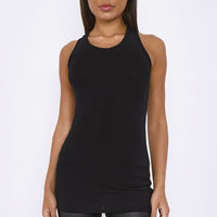 Black racerback vest top with round crew neck, slim fit front view