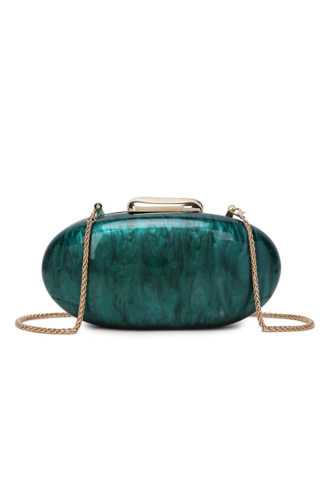 Emerald green oval marble-effect clutch bag with gold clasp and chain strap