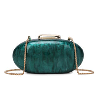 Emerald green oval marble-effect clutch bag with gold clasp and chain strap
