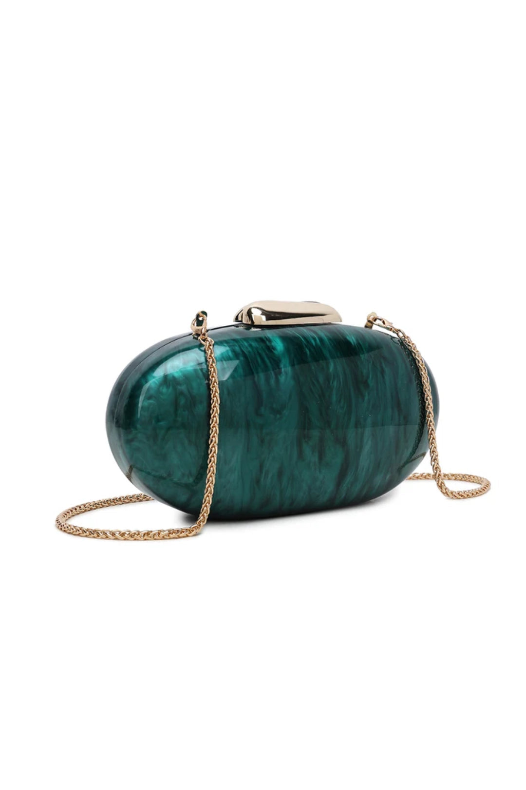 Emerald green oval marble-effect clutch bag with hinged gold frame and chain strap
