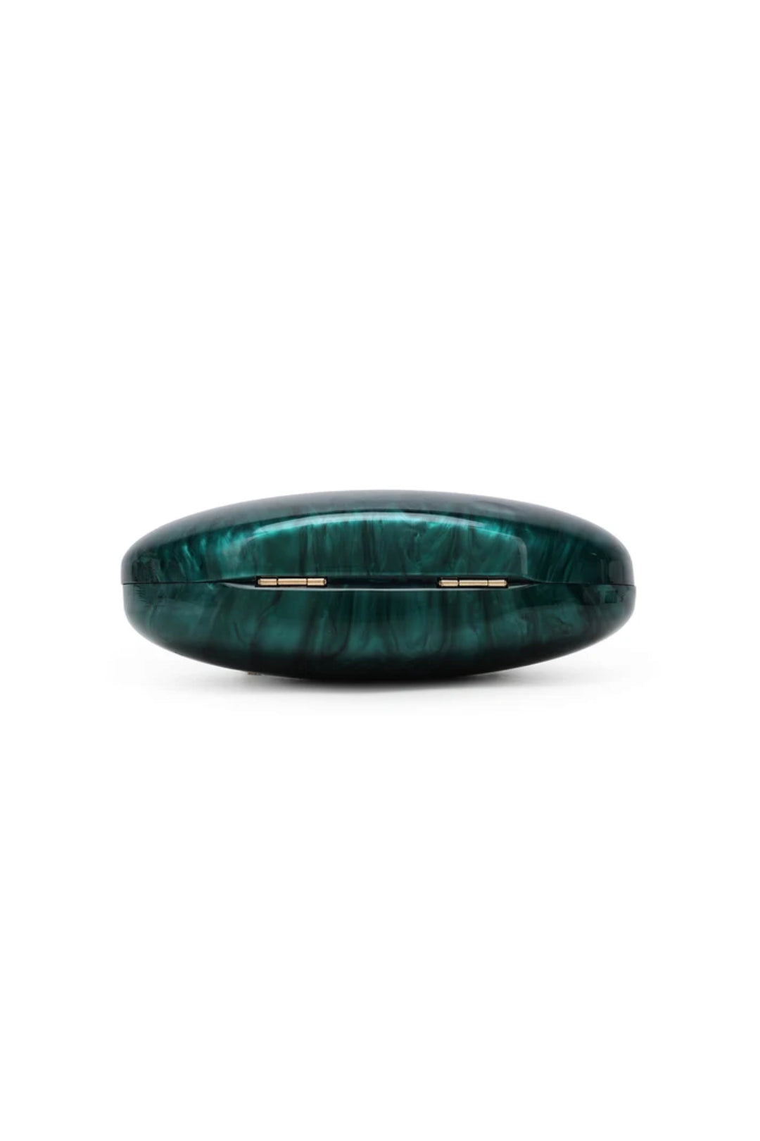 Emerald green oval marble-effect clutch bag, top view with gold hinged clasp