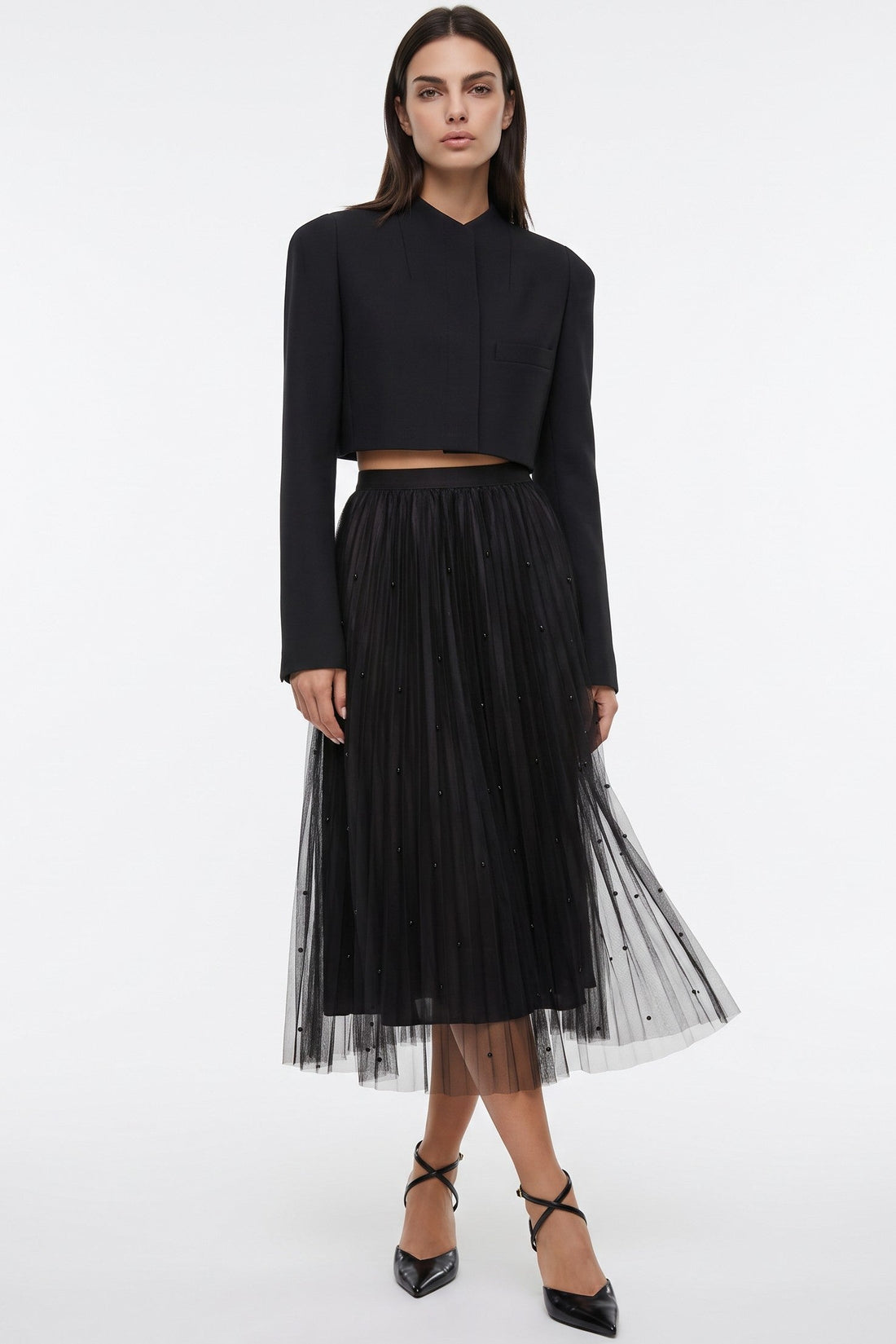 Black mesh midi skirt with faux pearl stud embellishments and layered tulle hem