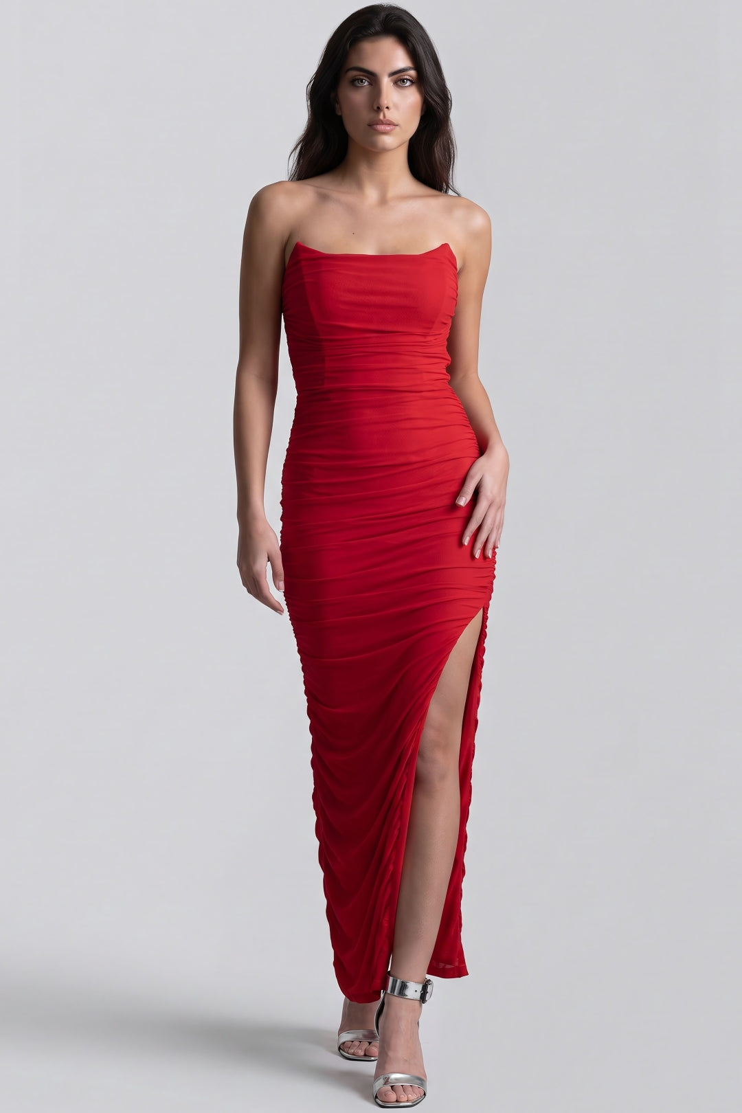 Red strapless ruched maxi dress with high slit and straight neckline