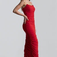 Red strapless ruched maxi dress, fitted waist, visible high side slit