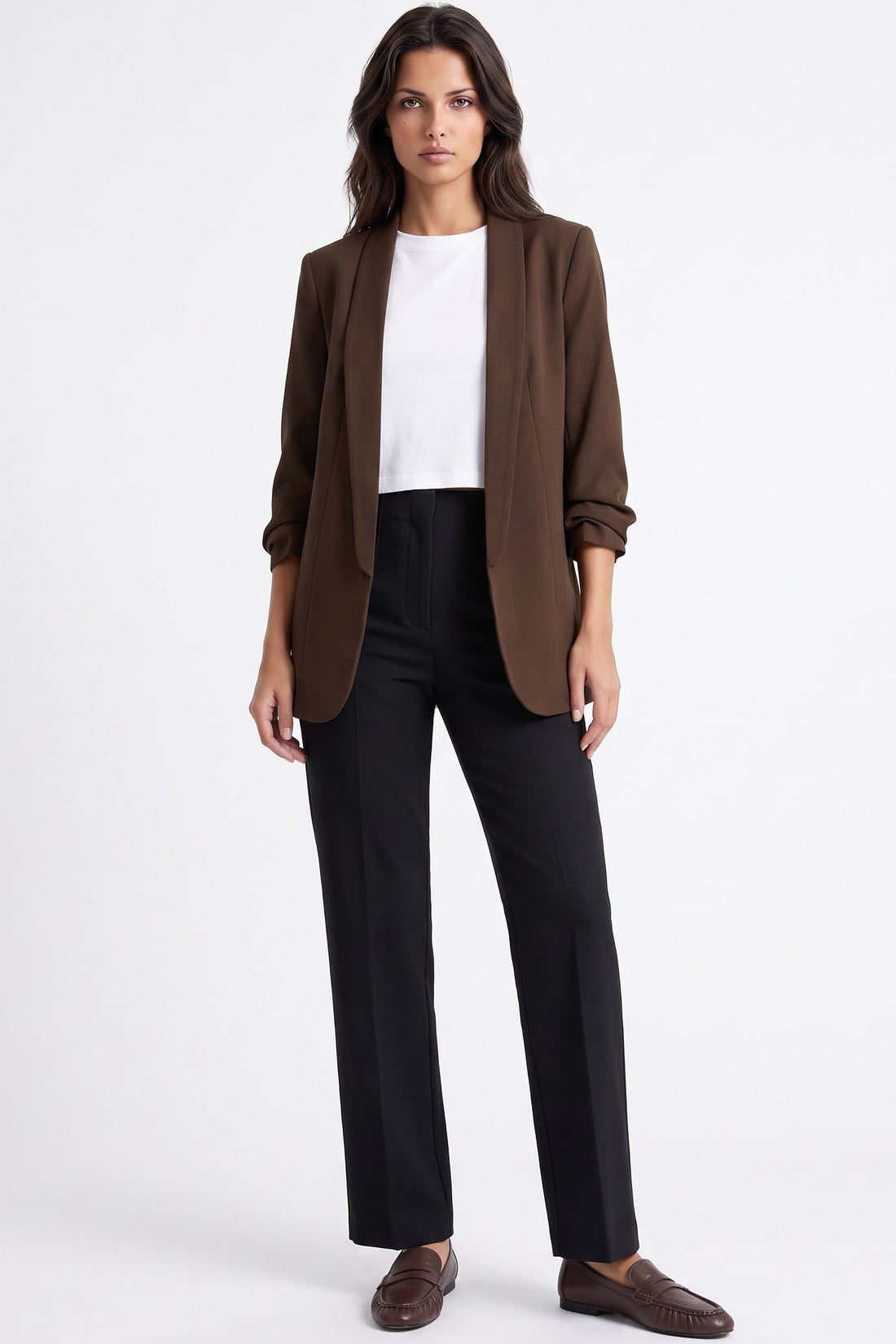 Brown blazer with open front, shawl collar, and ruched three-quarter sleeves
