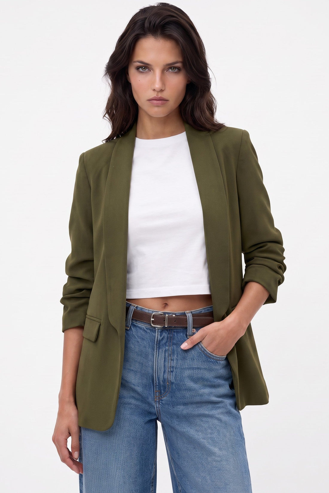 Olive khaki blazer with open front, shawl collar, and ruched sleeves