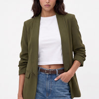 Olive khaki blazer with open front, shawl collar, and ruched sleeves