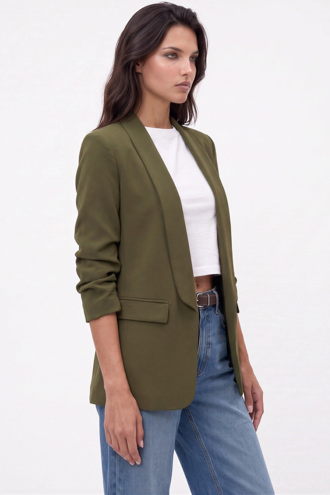 Olive khaki open-front blazer with shawl collar and chest welt pocket