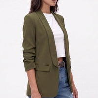 Olive khaki open-front blazer with shawl collar and chest welt pocket