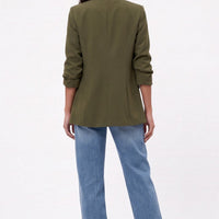 Olive khaki open-front blazer, ruched sleeves, back view