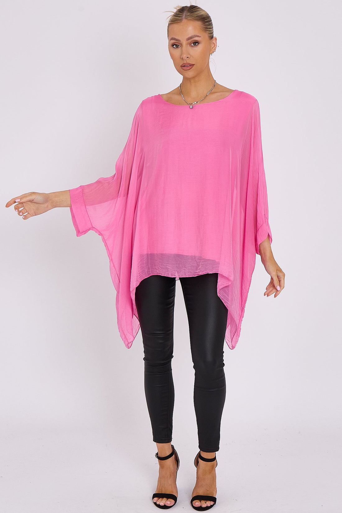 Pink silk batwing-sleeve top, rounded neckline, drapey loose fit