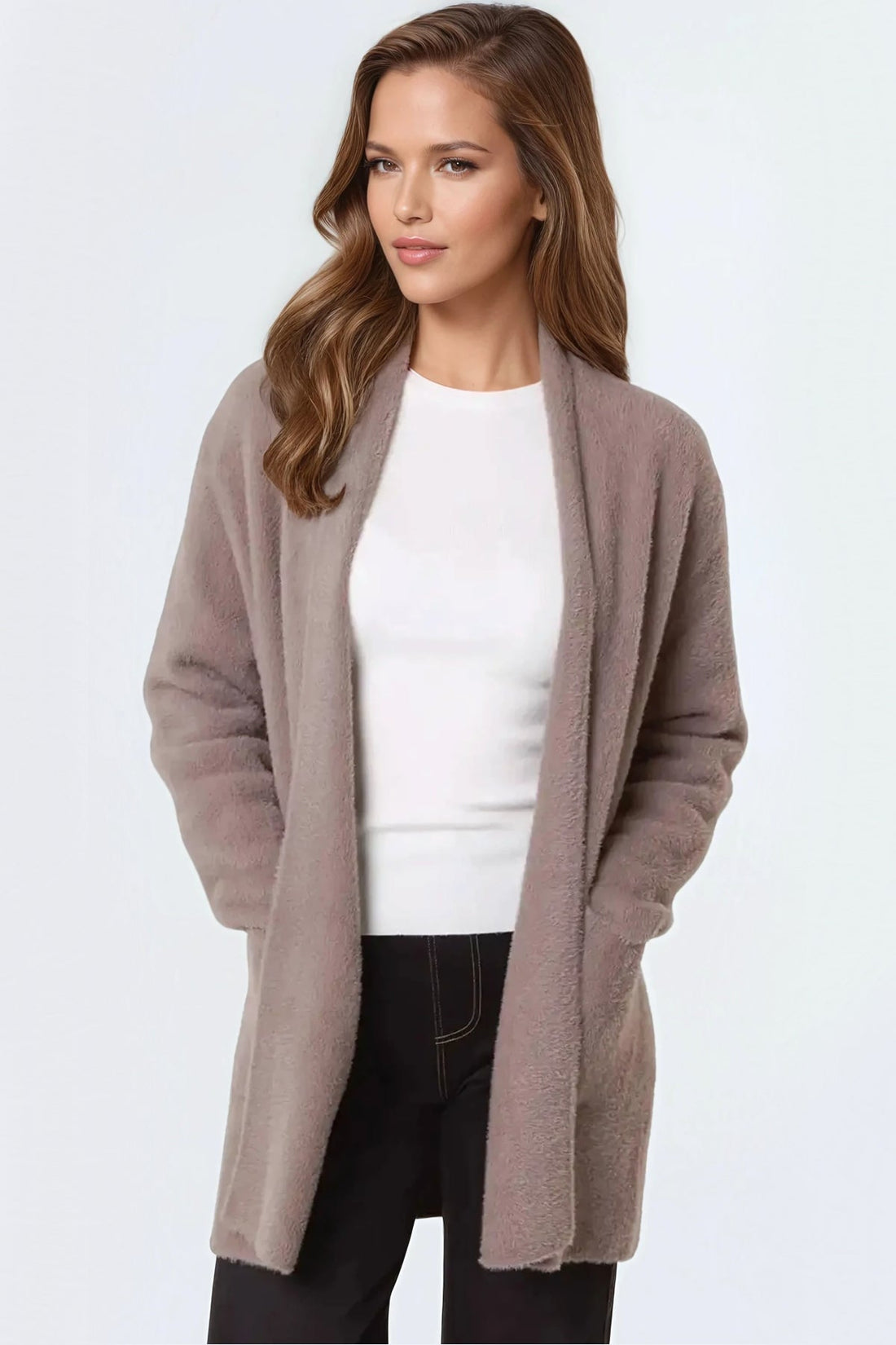 Mocha fluffy open-front cardigan with side pockets, long sleeves