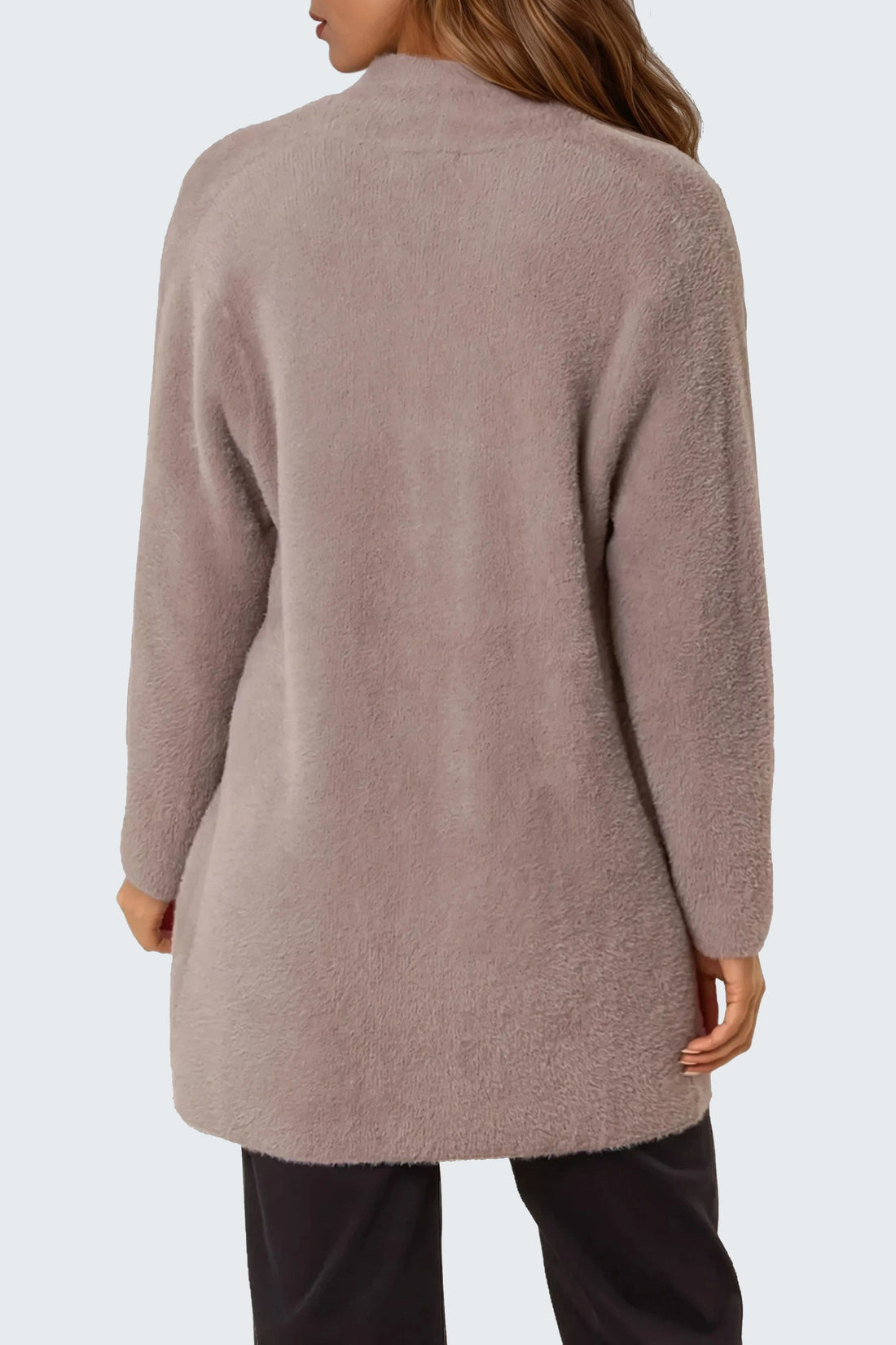Mocha fluffy cardigan back view, long sleeves