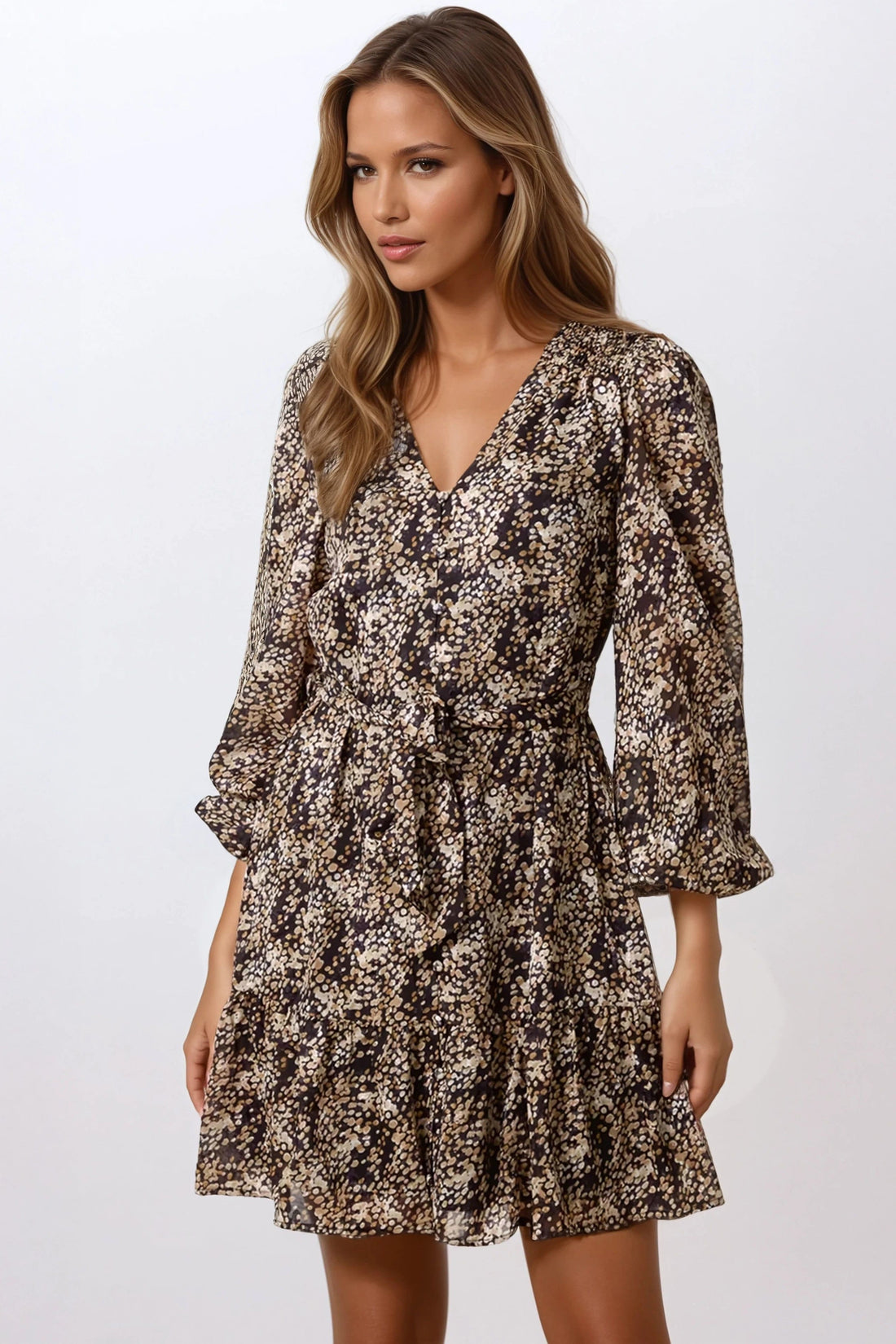 Black spotted print mini dress with tie belt, V-neck, long sleeves
