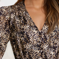 Black spotted mini dress, V-neck button front and long puff sleeves
