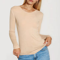 Beige V-neck long-sleeve fitted top with ruched side detail