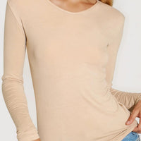 Beige V-neck long-sleeve fitted top with draped hem