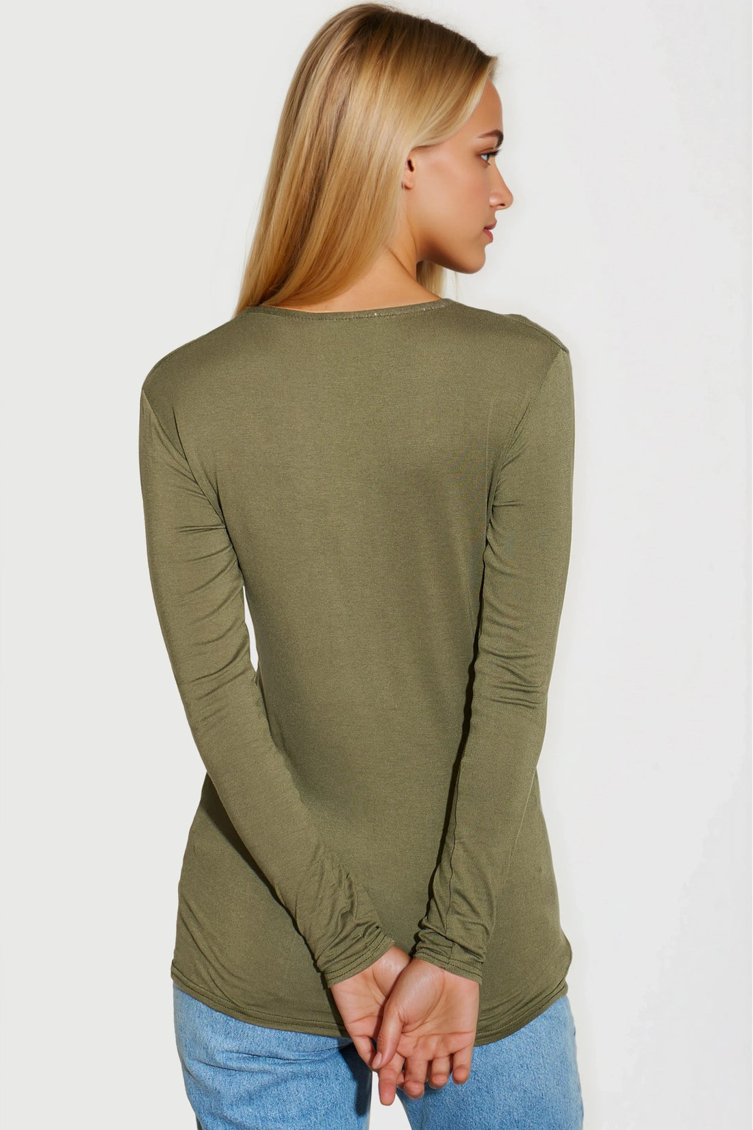 Khaki V-neck long-sleeve fitted top with back seam