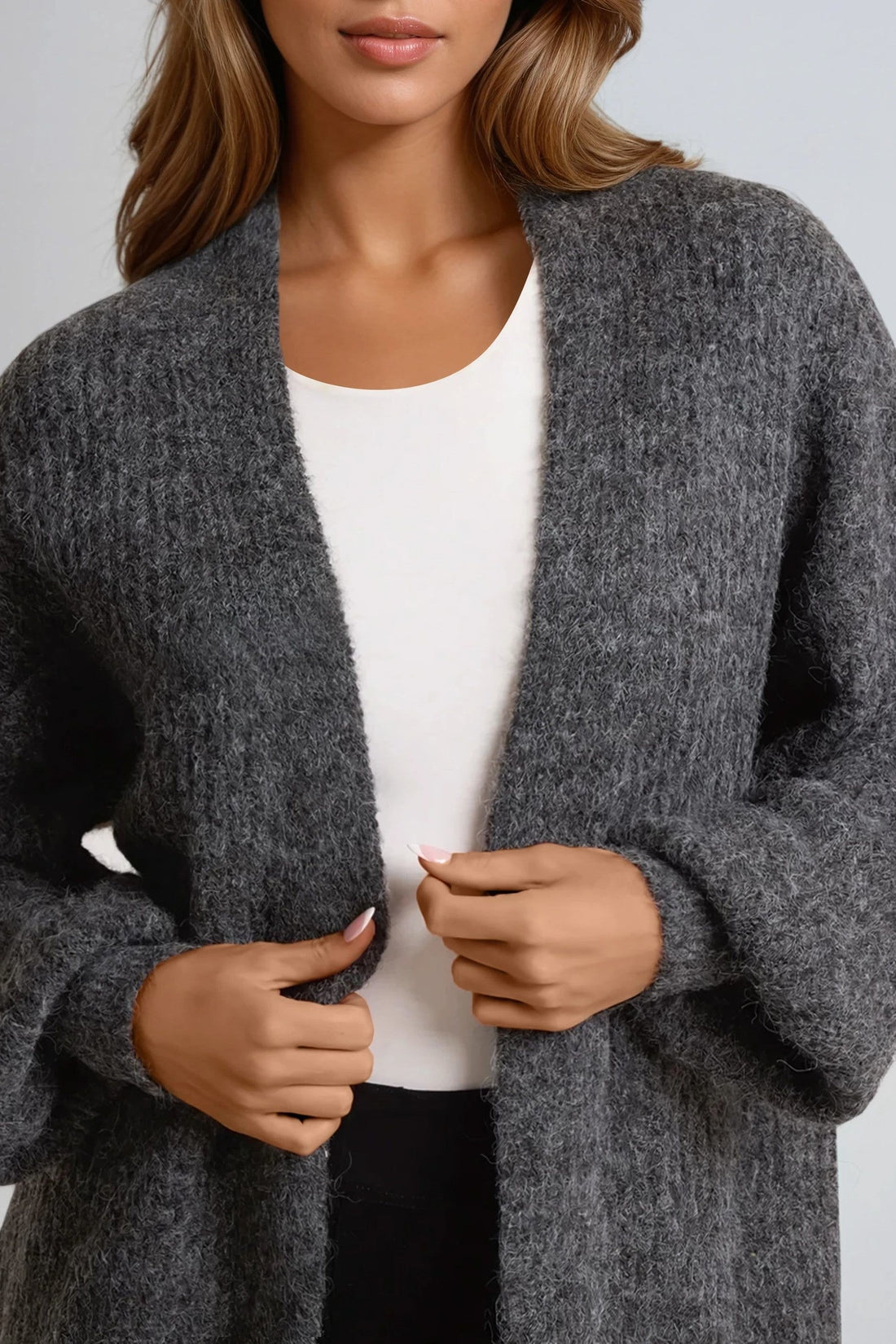 Charcoal wool-blend cardigan, open front with wide sleeves over white tank