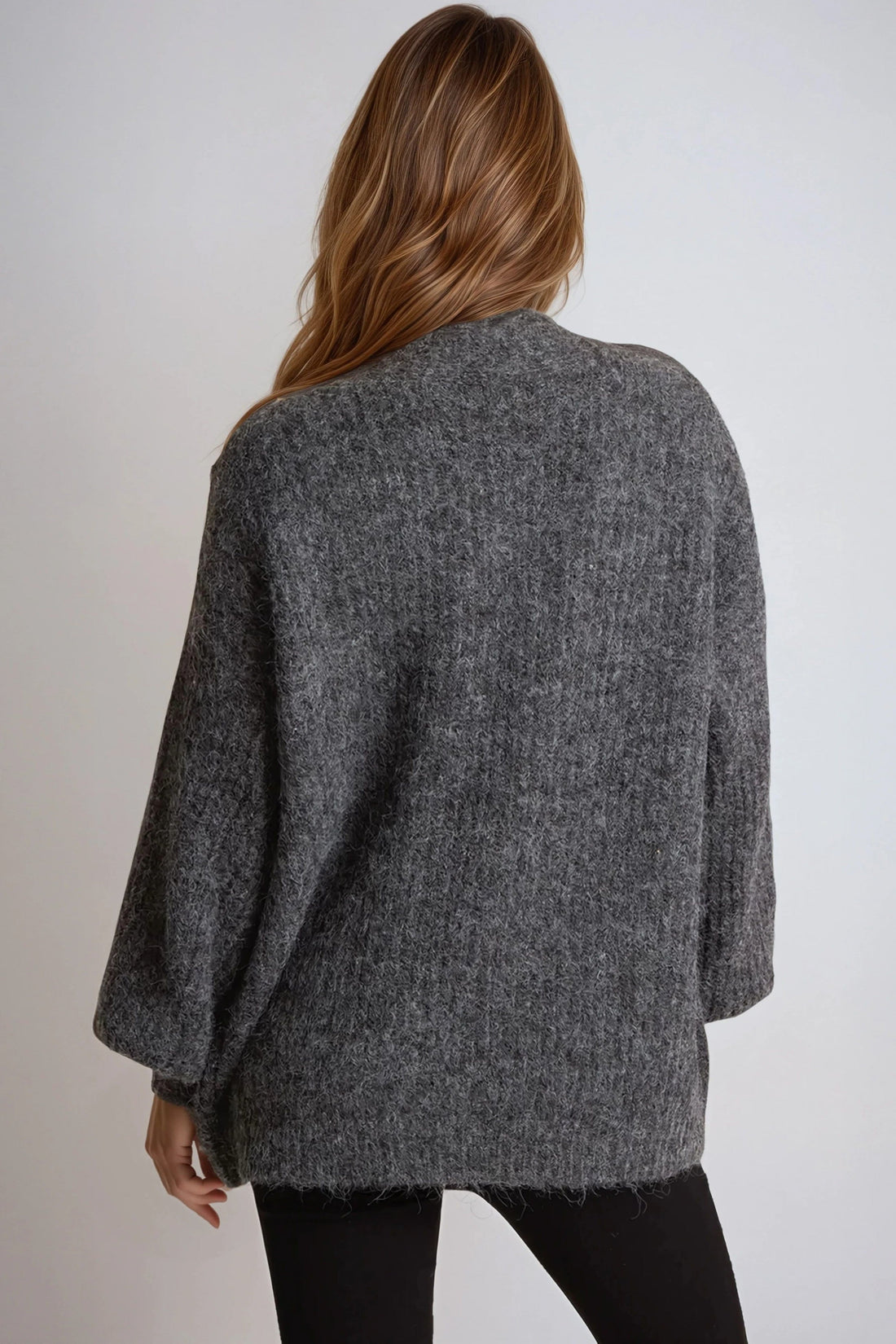 Charcoal wool-blend cardigan back view, loose long sleeves with soft textured knit