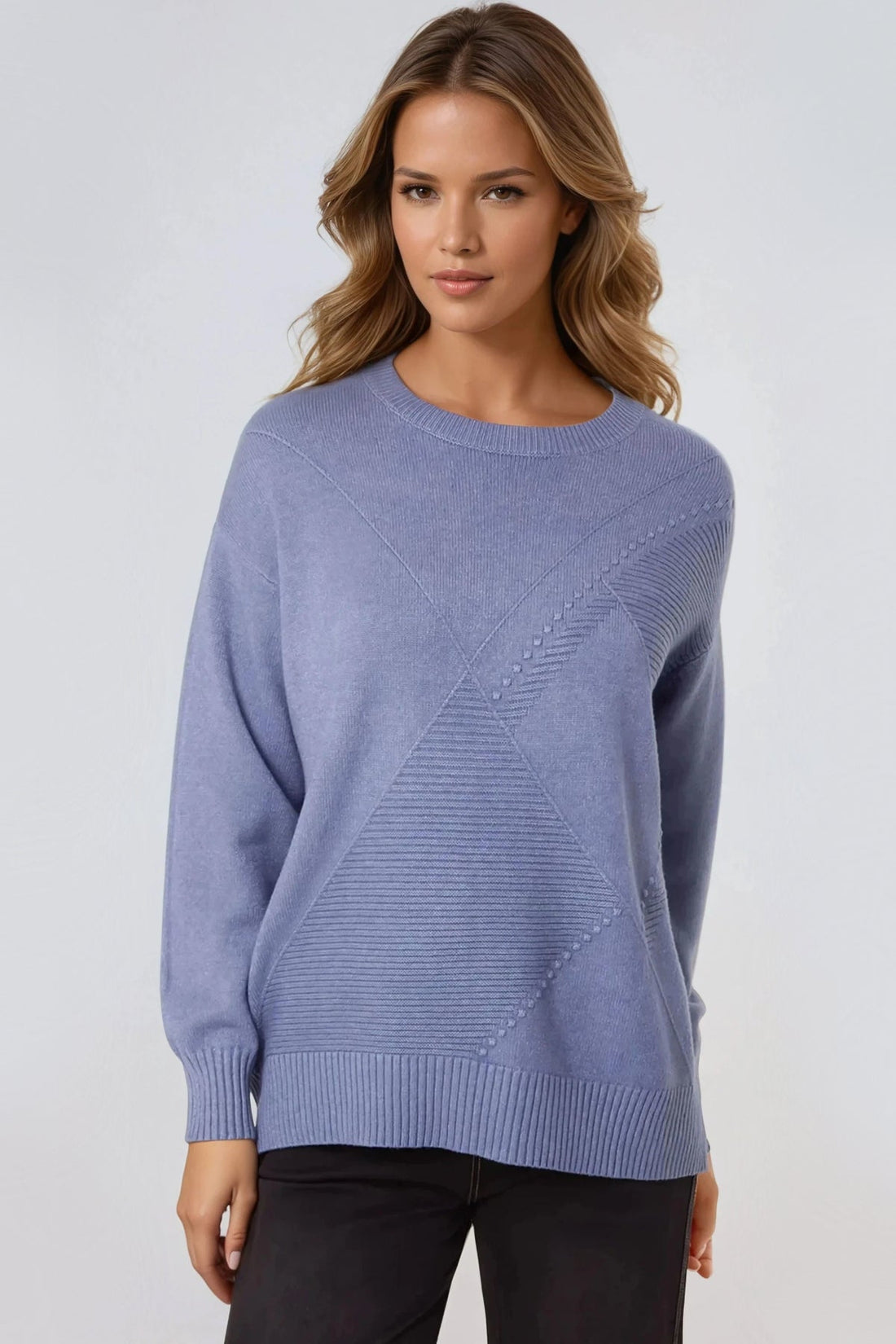 Denim blue geometric knit jumper with round crew neck, long sleeves and ribbed cuffs