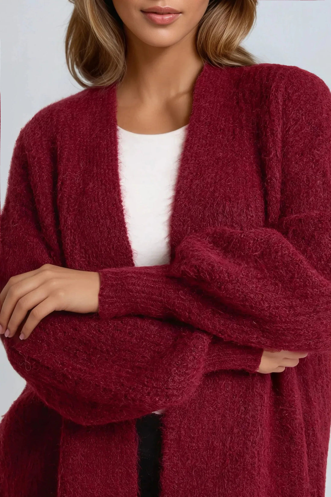 Wine open-front cardigan with fuzzy knit and balloon sleeves, close-up