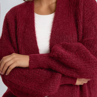 Wine open-front cardigan with fuzzy knit and balloon sleeves, close-up
