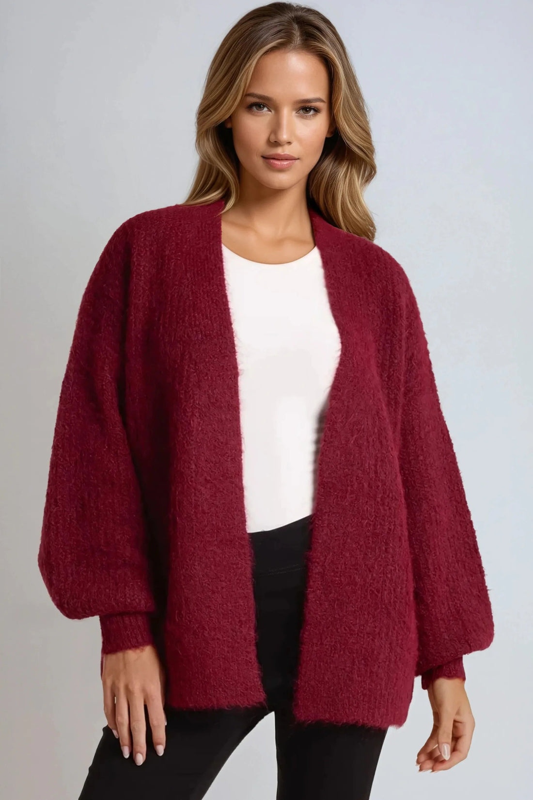 Wine wool-blend cardigan with open front and balloon sleeves