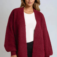 Wine wool-blend cardigan with open front and balloon sleeves