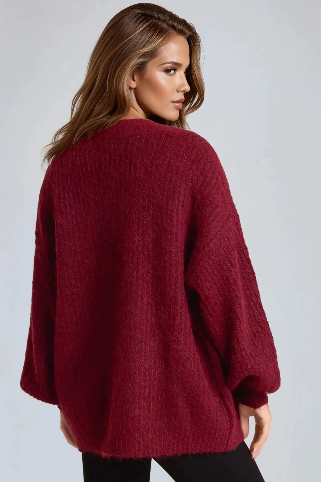 Wine wool-blend cardigan with balloon sleeves and relaxed back view