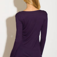 Purple long-sleeve round-neck top, back view with draped fit and full-length sleeves