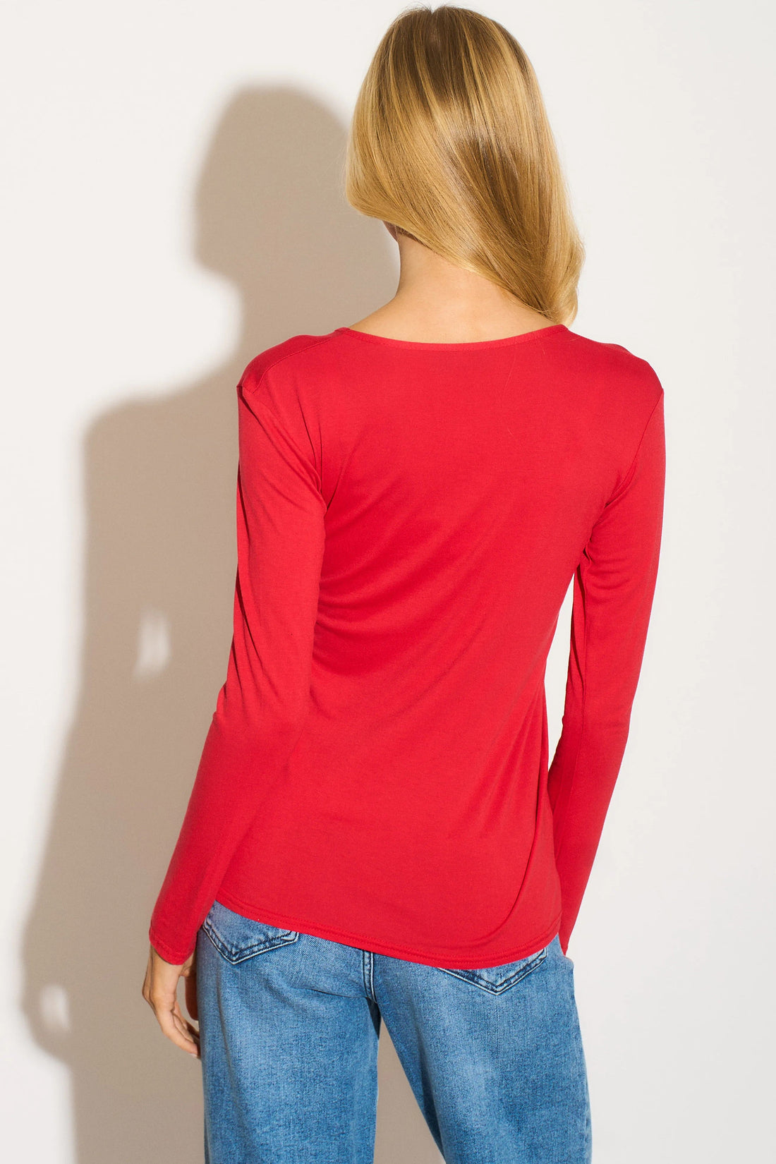 Red viscose blend top with round neck and long sleeves, back view