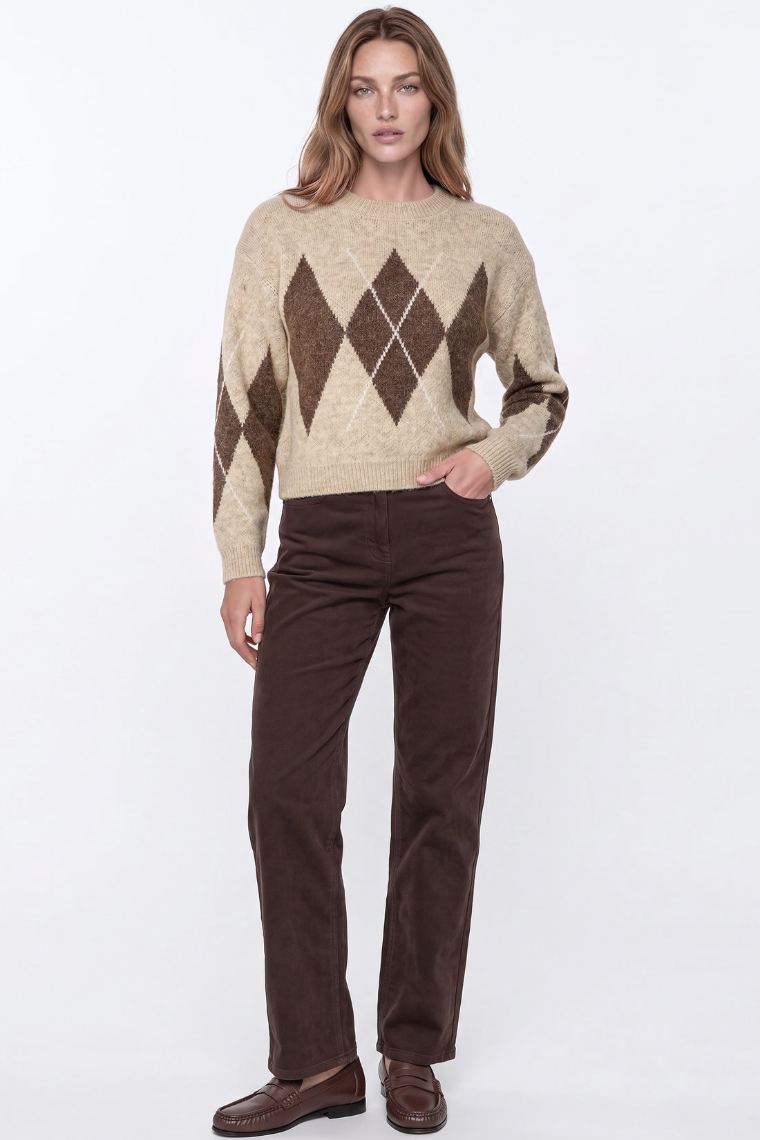 Beige wool-blend crew-neck jumper with dark argyle diamond pattern, full front view