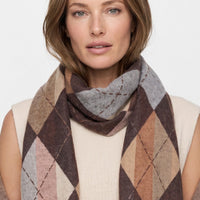 Brown argyle scarf with diamond checks and fringe trim, worn as neck wrap