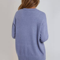 Denim blue knit jumper back view with round crew neck and ribbed hem and cuffs