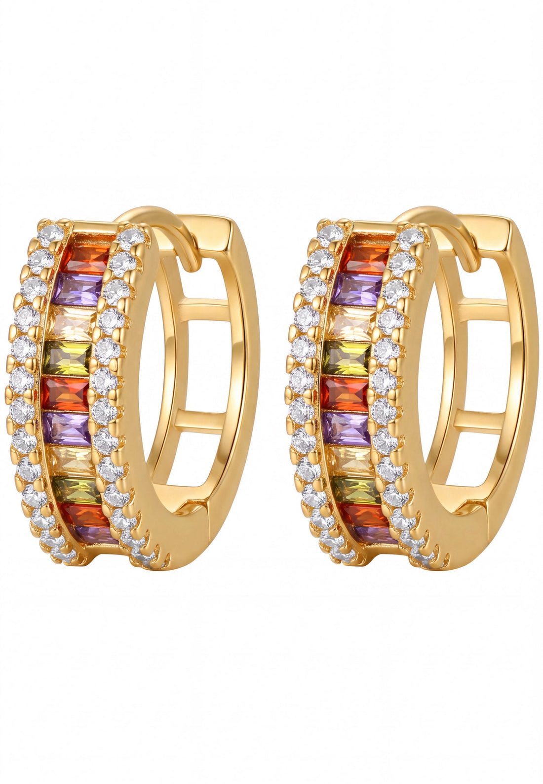 Gold huggie hoop earrings with rainbow baguette stones and clear pave accents
