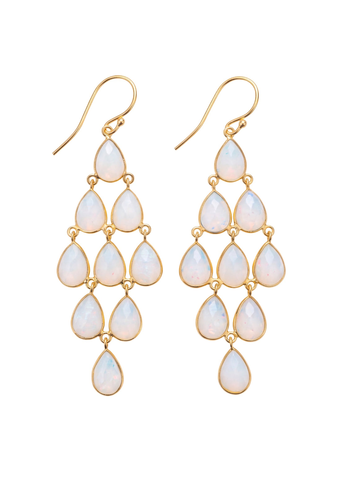 Gold-tone opal teardrop cascade earrings with dangling pear drops