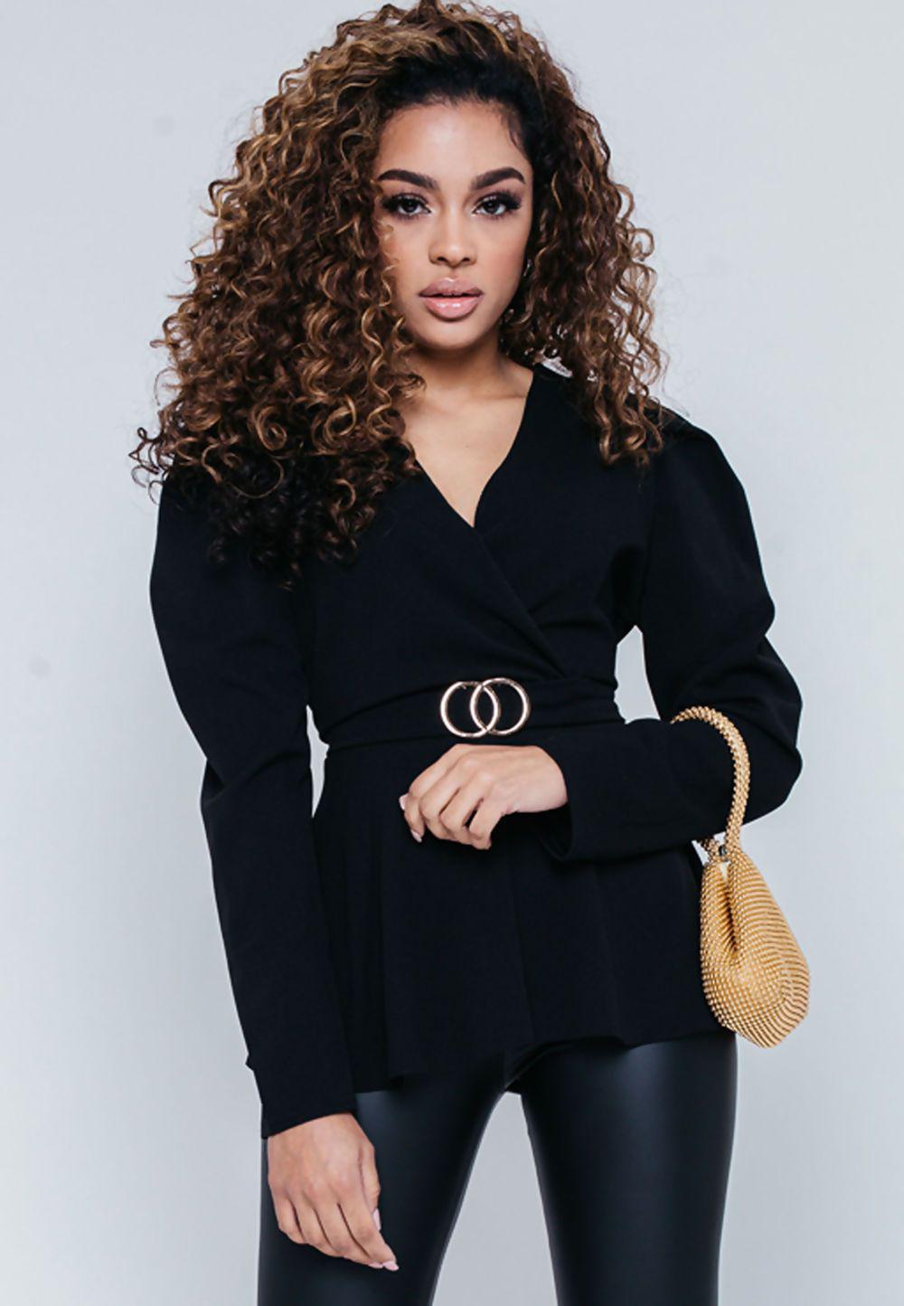 Black puff-shoulder V-neck blouse with ring belt detail and peplum hem