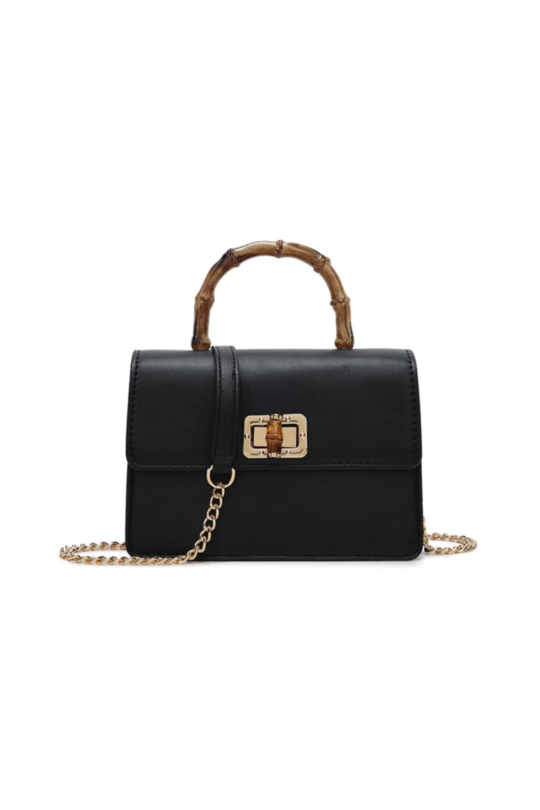 Black faux leather crossbody bag with bamboo-style handle, chain strap, front clasp