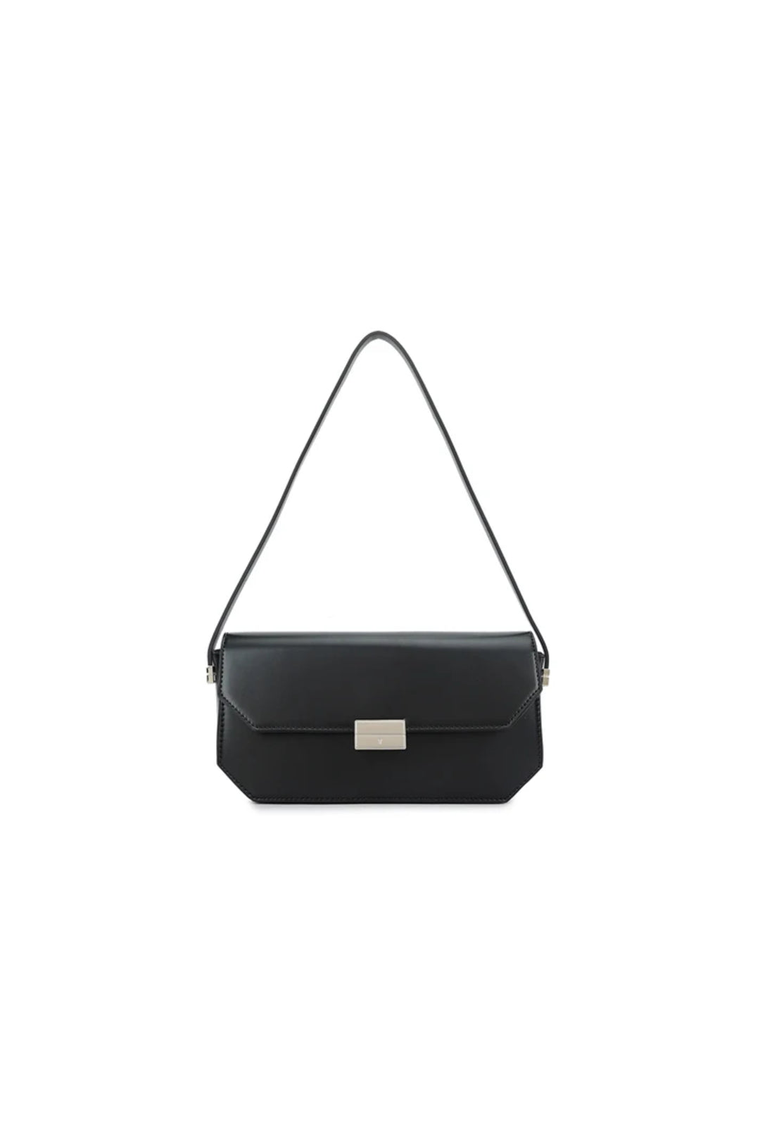 Black faux leather shoulder bag with front flap and silver-tone hardware, short strap