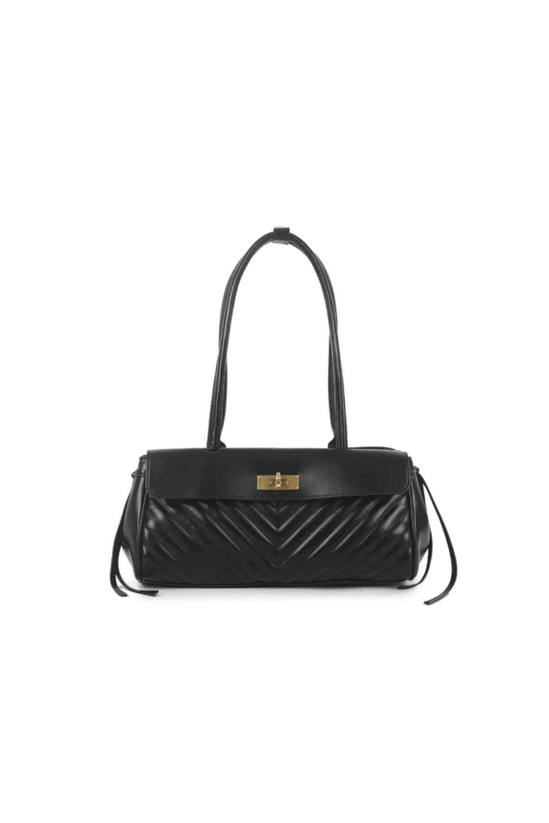 Black quilted faux leather shoulder bag with front flap and top handles
