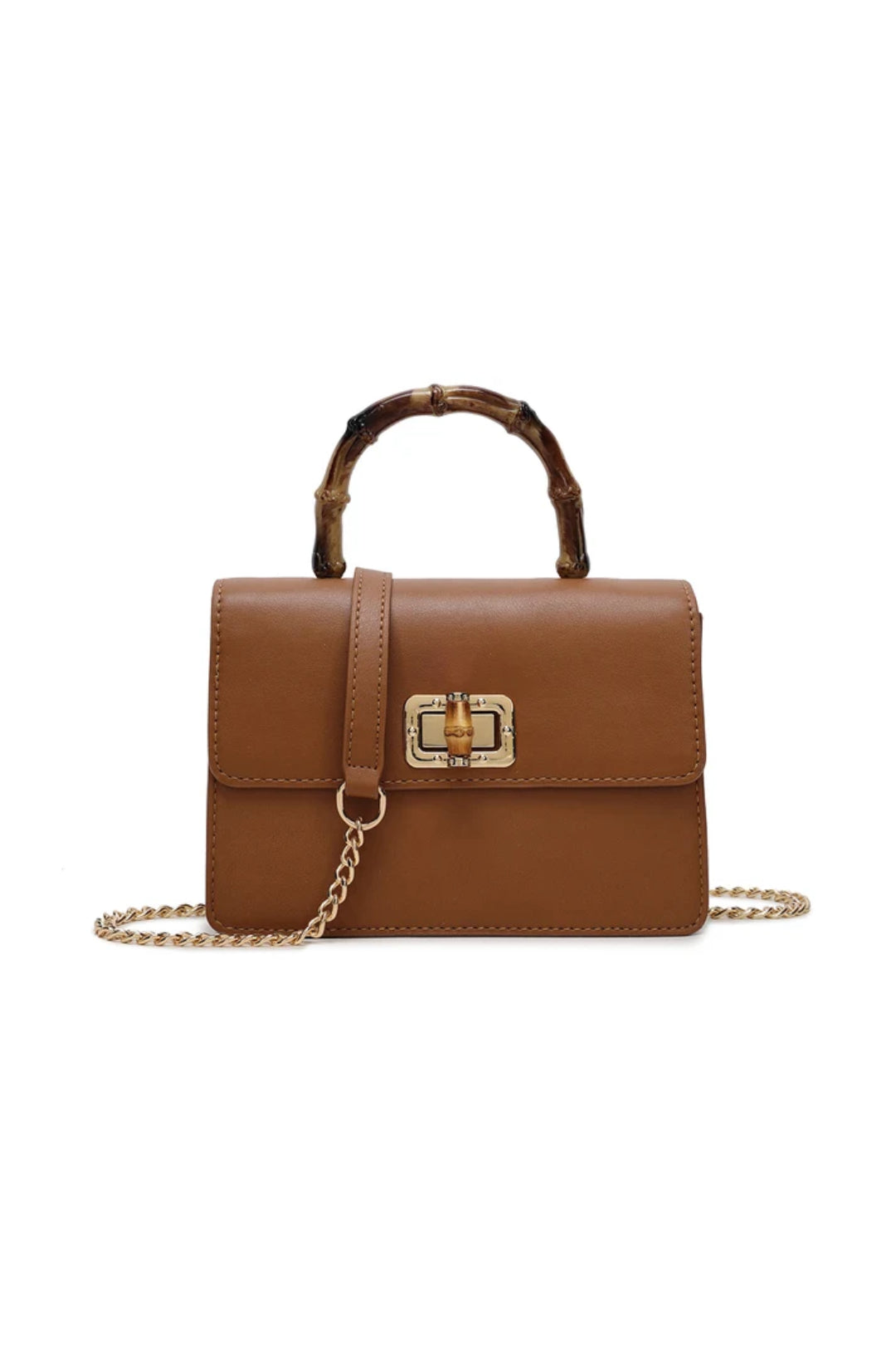 Brown faux leather crossbody bag with bamboo-style top handle and front lock clasp